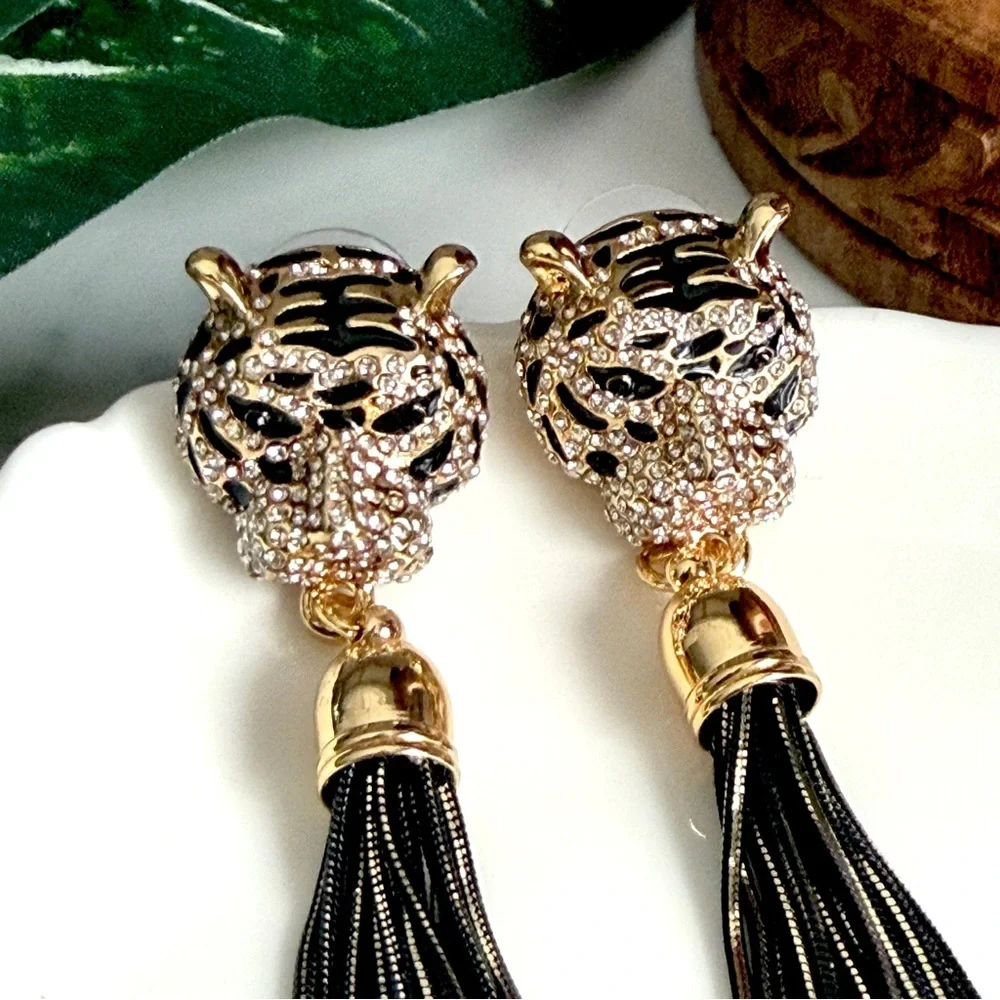 Gold Rhinestone Cheetah Leopard Earrings Long Tassel Fringe Sparkle Jewelry NEW